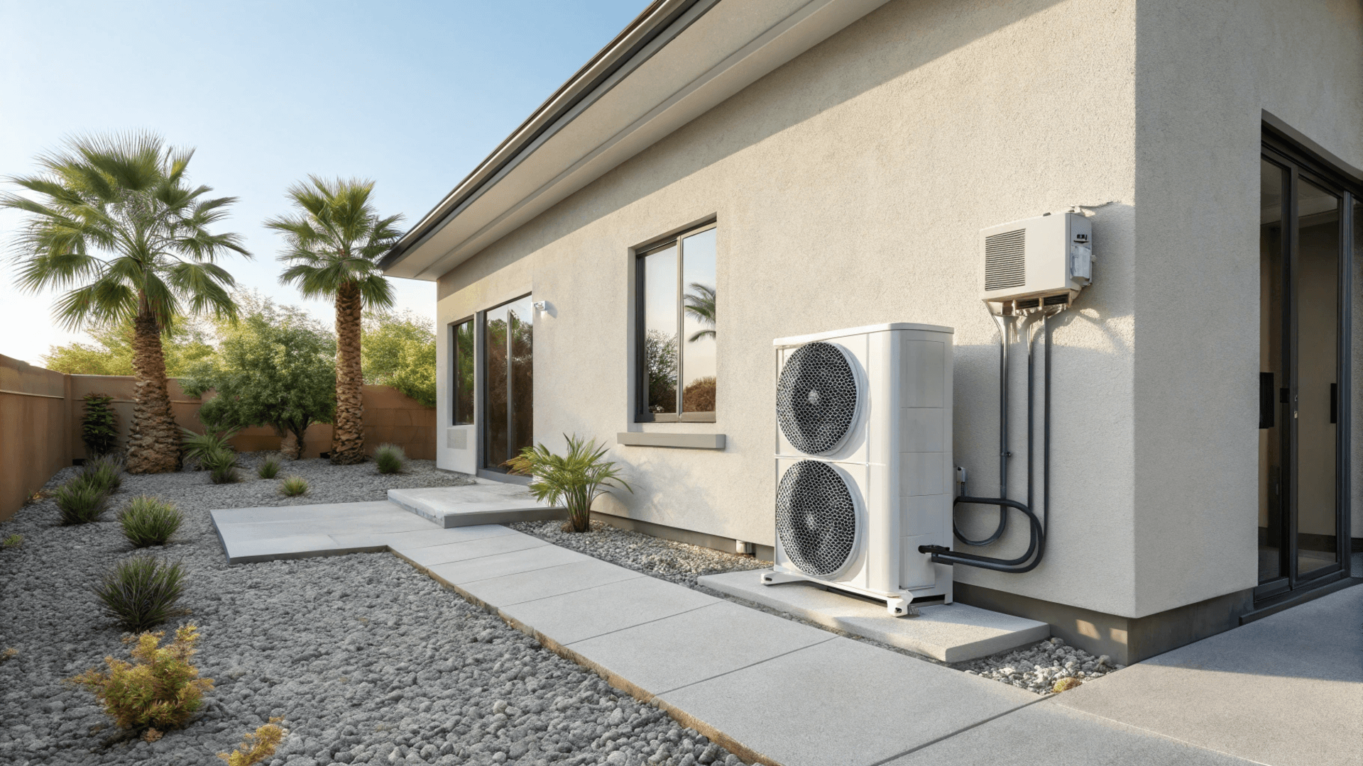 Modern high-efficiency heat pump unit installed outside a Phoenix home