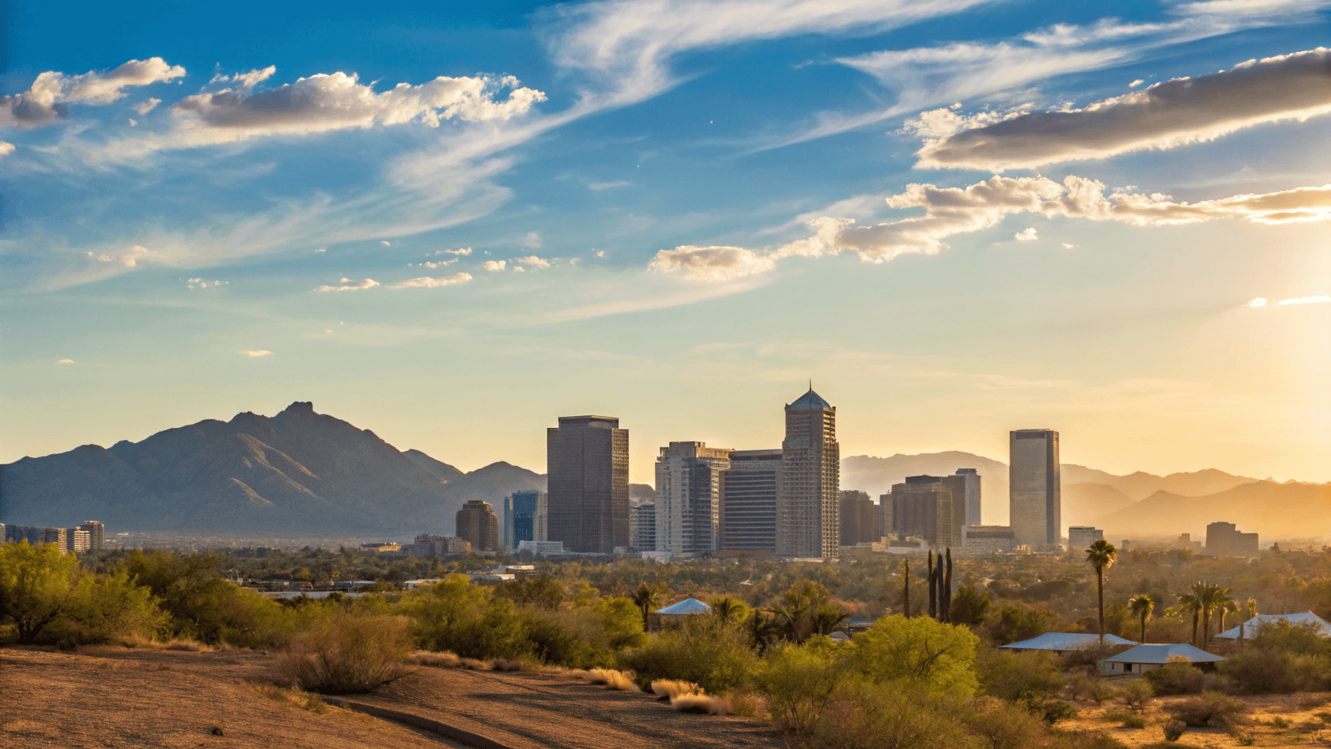 Phoenix skyline at sunset with desert landscape